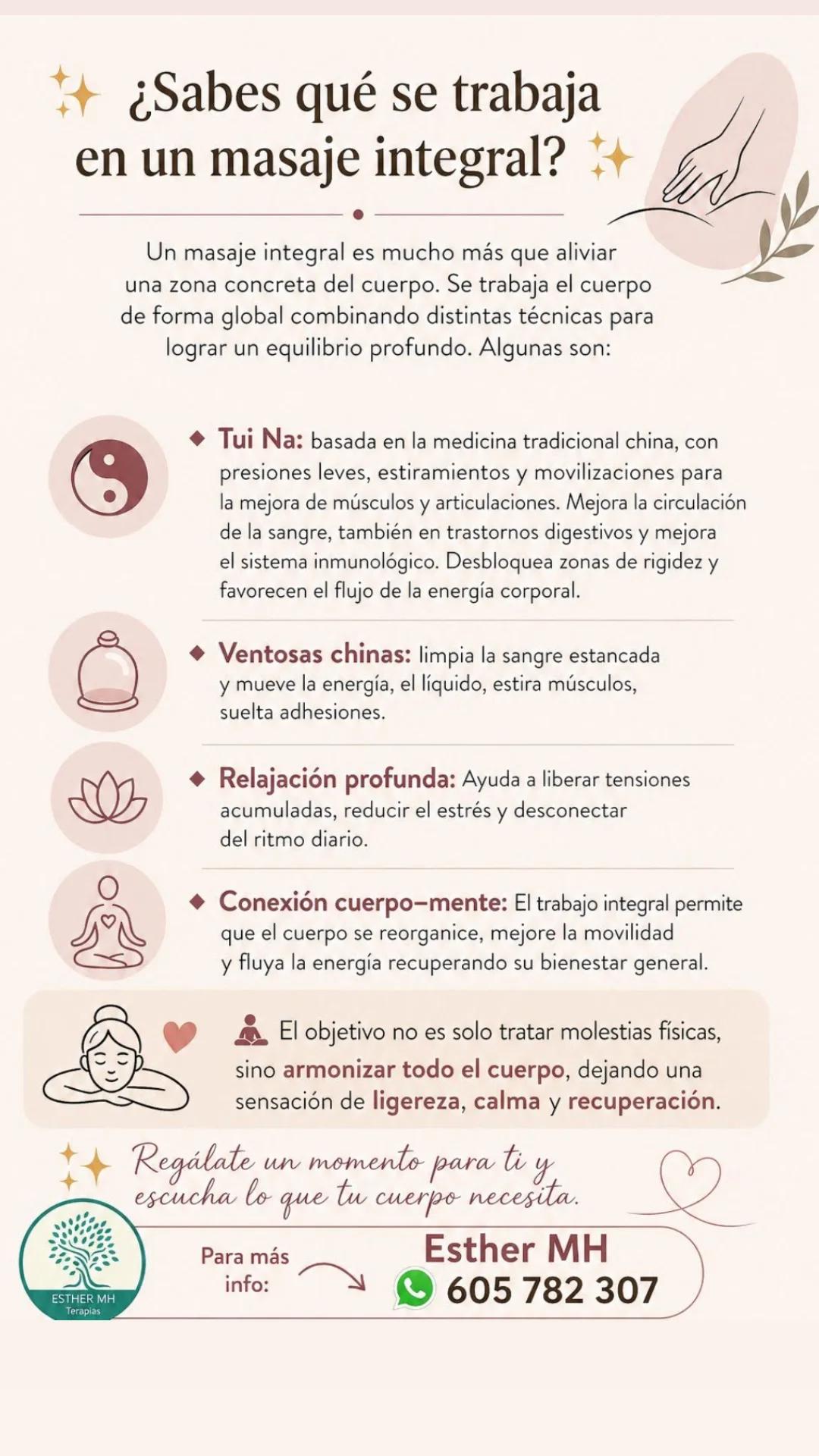 Explicación de cómo se trabaja un masaje integral basada en las técnicas Tui-Na, ventosas chinas, relajación profunda y conexión cuerpo-mente.